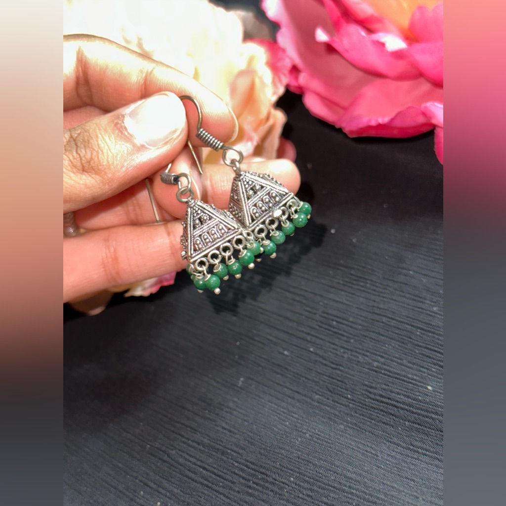 Oxidizes Jhumki/ Green & Silver Earrings